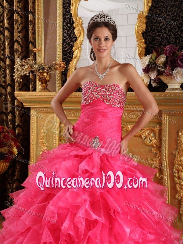 Beaded and Ruched Hot Pink Dresses for A Quinceanera with Ruffles