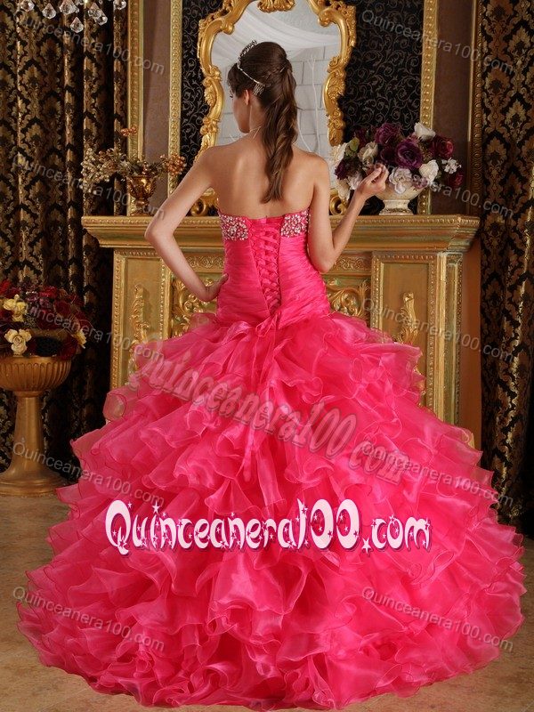 Beaded and Ruched Hot Pink Dresses for A Quinceanera with Ruffles