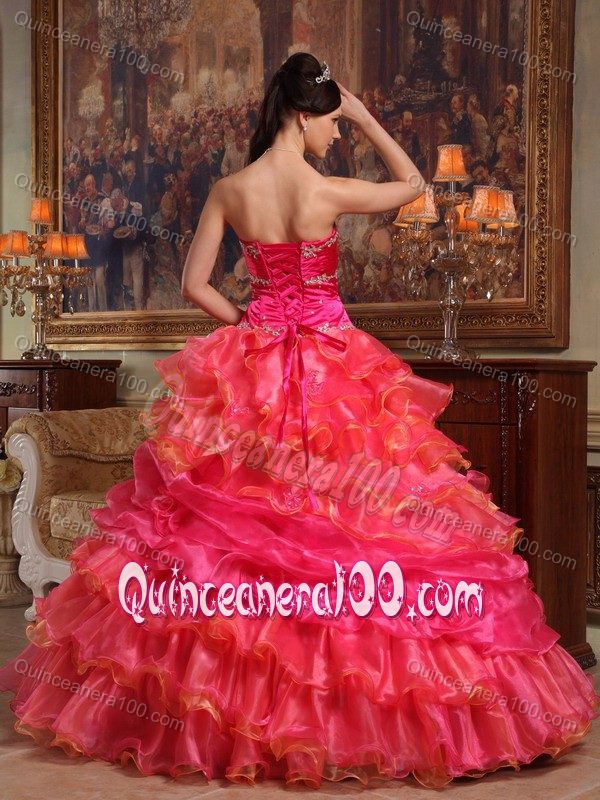 Hot Pink Satin and Organza Dresses for A Quinceanera with Ruffles