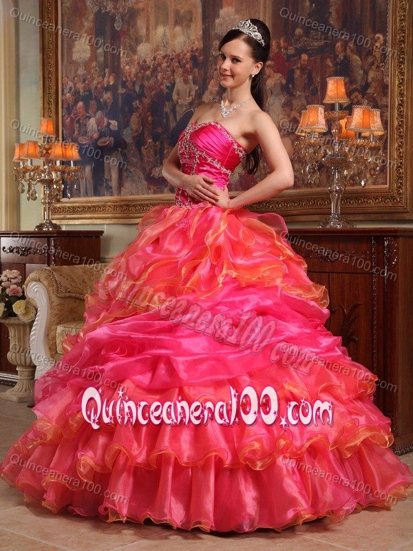 Hot Pink Satin and Organza Dresses for A Quinceanera with Ruffles