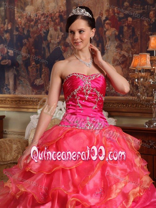 Hot Pink Satin and Organza Dresses for A Quinceanera with Ruffles