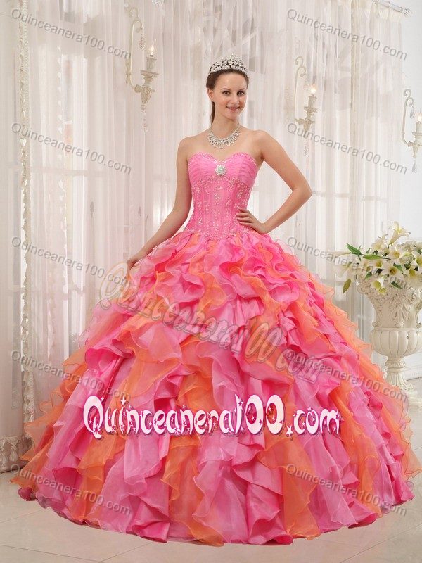 Beaded and Ruffled Dress for a Quinceanera in Orange and Rose Pink