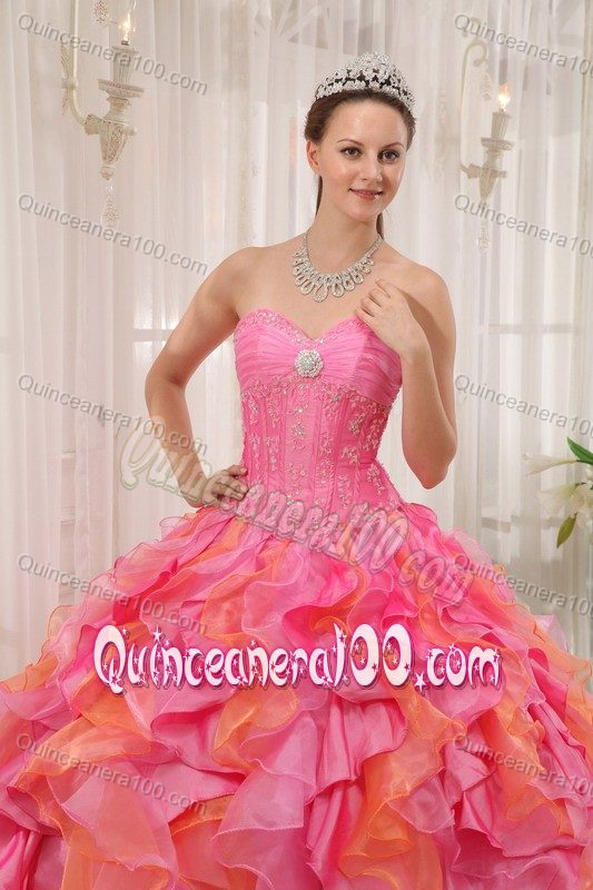 Beaded and Ruffled Dress for a Quinceanera in Orange and Rose Pink