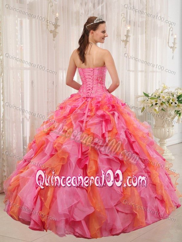 Beaded and Ruffled Dress for a Quinceanera in Orange and Rose Pink