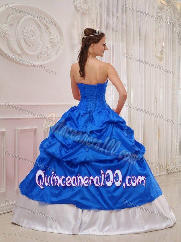 Beaded White and Blue Taffeta Sweet Sixteen Dresses with Pick ups