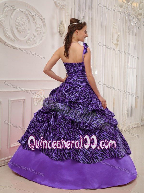 Purple One Shoulder Sweet 15 Dress with Appliques and Zebra Print