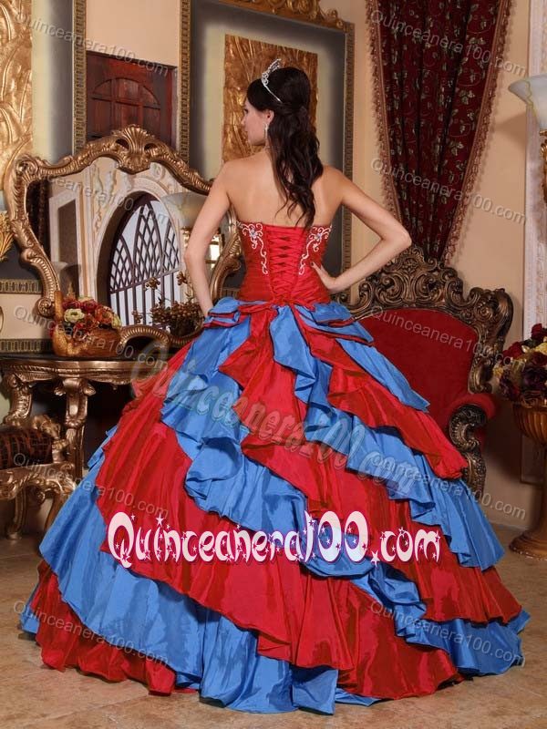 Blue and Red Ruffles Embroidery Quinceanera Gown Dresses 2013