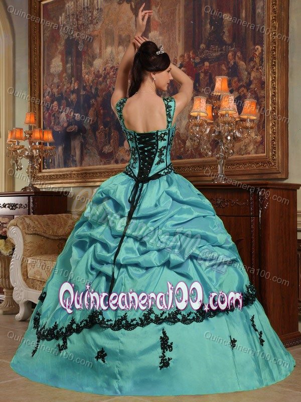 Black Appliques Accent Turquoise Taffeta Quinceanera Gown Straps