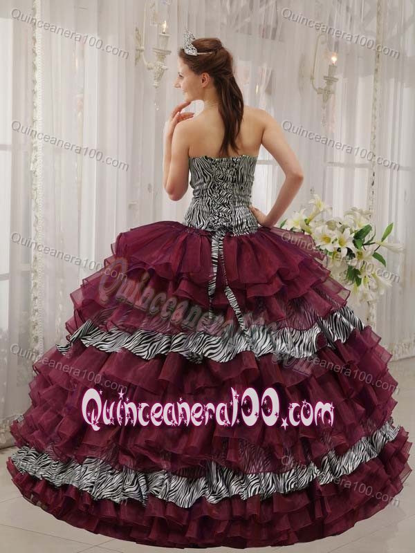 Burgundy Sweetheart Dresses Quinceanera with Zebra Print Ruffles