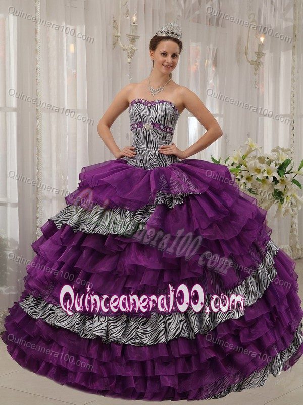 Zebra Print Purple Organza Dresses Quinceanera with Ruffled Layers