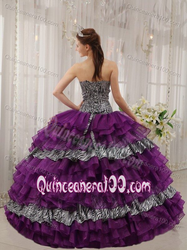 Zebra Print Purple Organza Dresses Quinceanera with Ruffled Layers