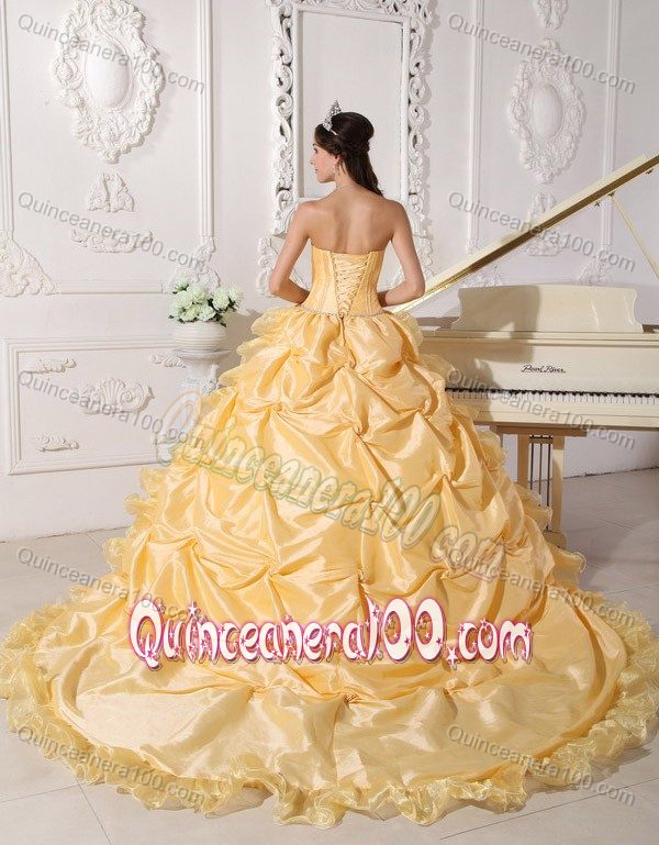 Beaded and Ruffled Strapless Gold Quinceanera Dresses Gown 2013