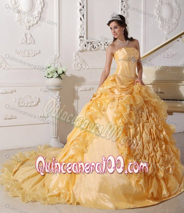 Beaded and Ruffled Strapless Gold Quinceanera Dresses Gown 2013