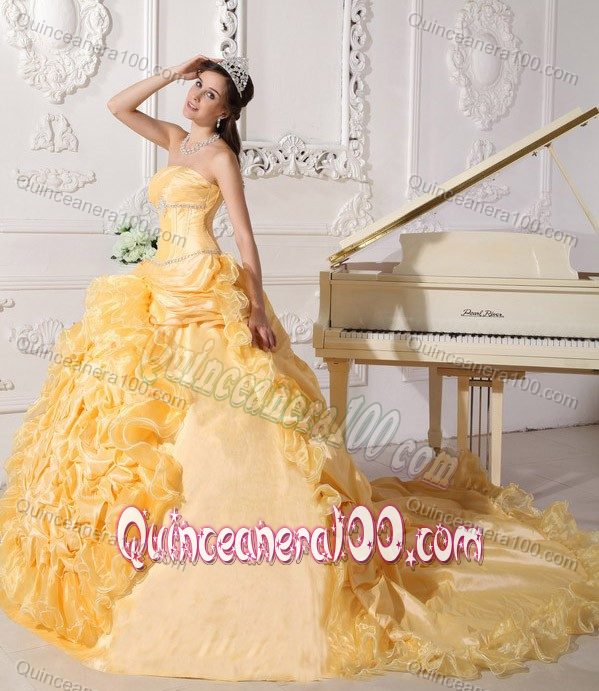 Beaded and Ruffled Strapless Gold Quinceanera Dresses Gown 2013