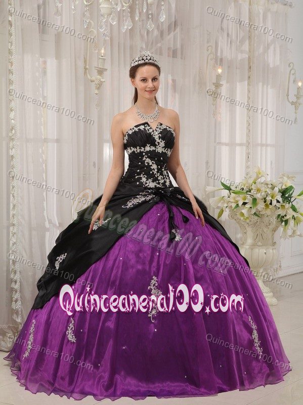 Appliqued Strapless Quinceanera Dresses Gowns in Black and Purple