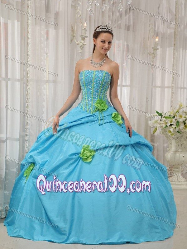 Baby Blue Taffeta Strapless Dresses for 15 with Beading Flowers