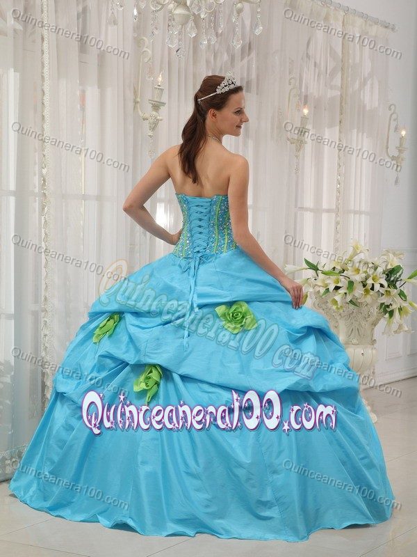 Baby Blue Taffeta Strapless Dresses for 15 with Beading Flowers