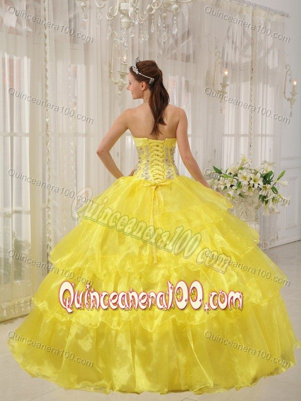 Appliqued Flowery Dresses for A Quinceanera in Bright Yellow