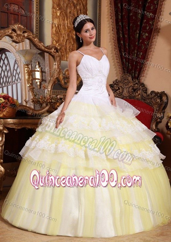 Appliqued Yellow and White Sweet 16 Dresses with Spaghetti Straps