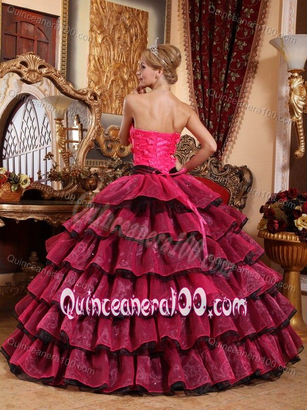 Hot Pink and Black Sweet 16 Dresses with Flowers and Ruffled Layers