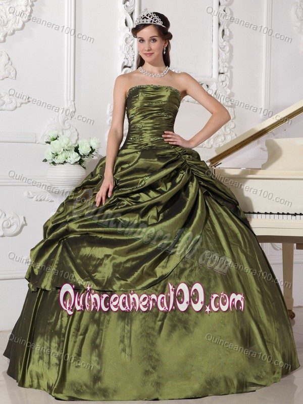 Beaded and Ruched Strapless Sweet 16 Dresses in Olive Green 2013