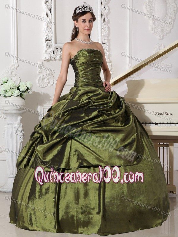 Beaded and Ruched Strapless Sweet 16 Dresses in Olive Green 2013