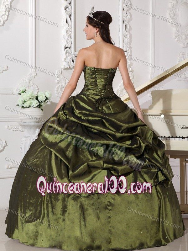 Beaded and Ruched Strapless Sweet 16 Dresses in Olive Green 2013