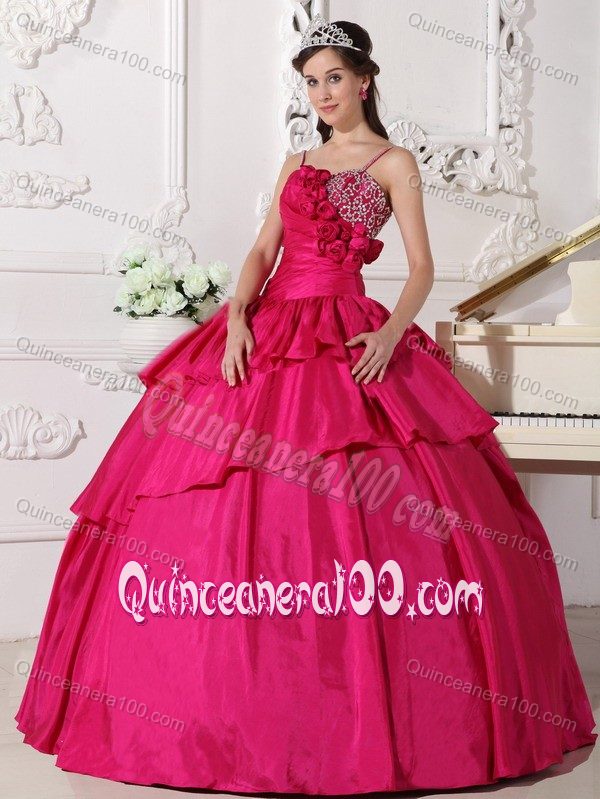 Flowery Fuchsia Taffeta Sweet Sixteen Dresses with Spaghetti Straps