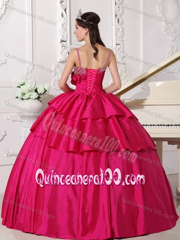 Flowery Fuchsia Taffeta Sweet Sixteen Dresses with Spaghetti Straps