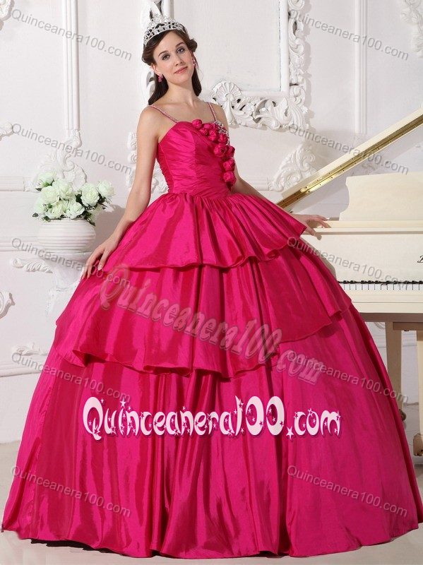 Flowery Fuchsia Taffeta Sweet Sixteen Dresses with Spaghetti Straps