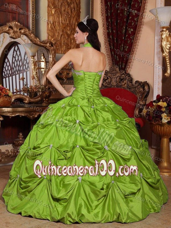 Spring Green Halter Quinceanera Dress with Appliques and Pick ups