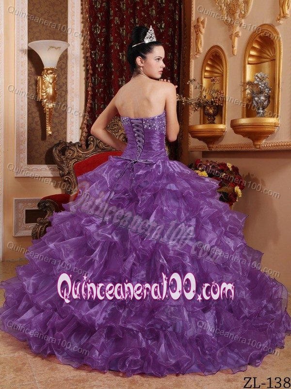 Beaded Bodice Purple Quinceanera Gown Dresses with Puffy Ruffles