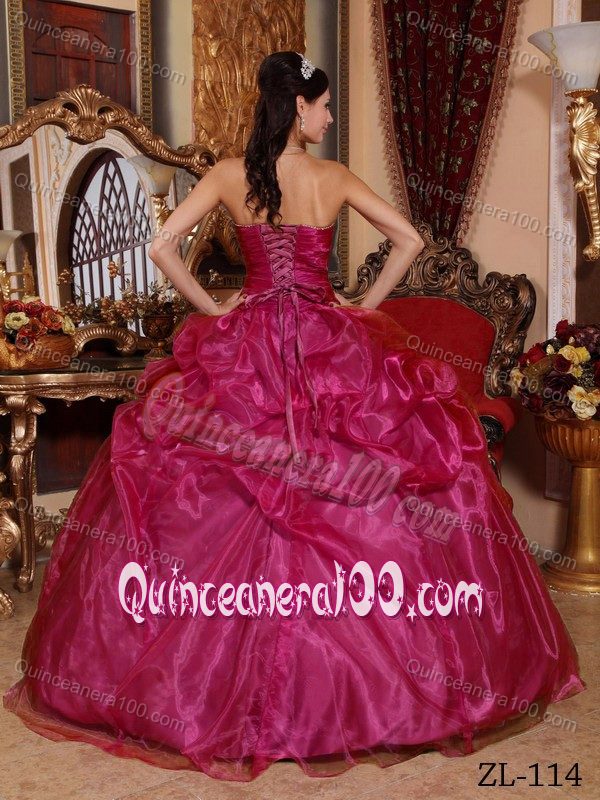 Fuchsia Organza Quinceanera Gown Dresses with Beading Pick ups