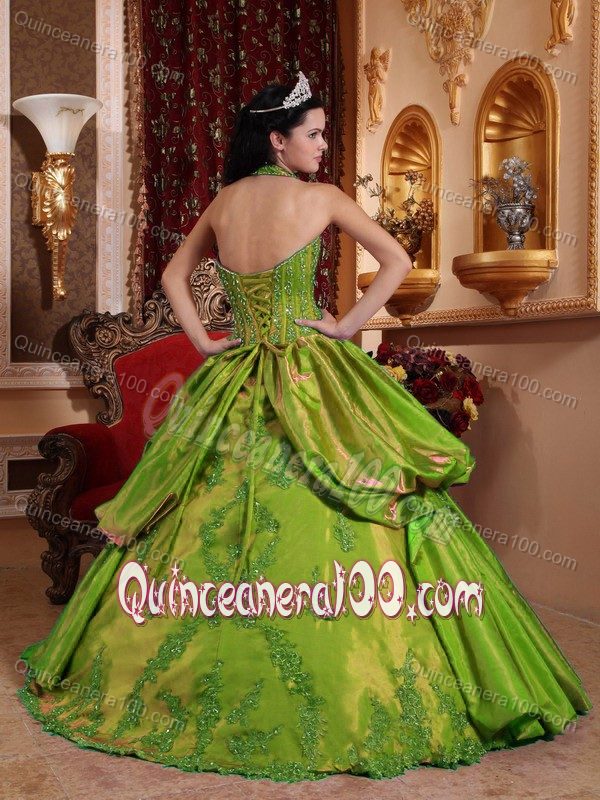 Olive Green Halter Quinceanera Gown Dresses with Pick ups Appliques