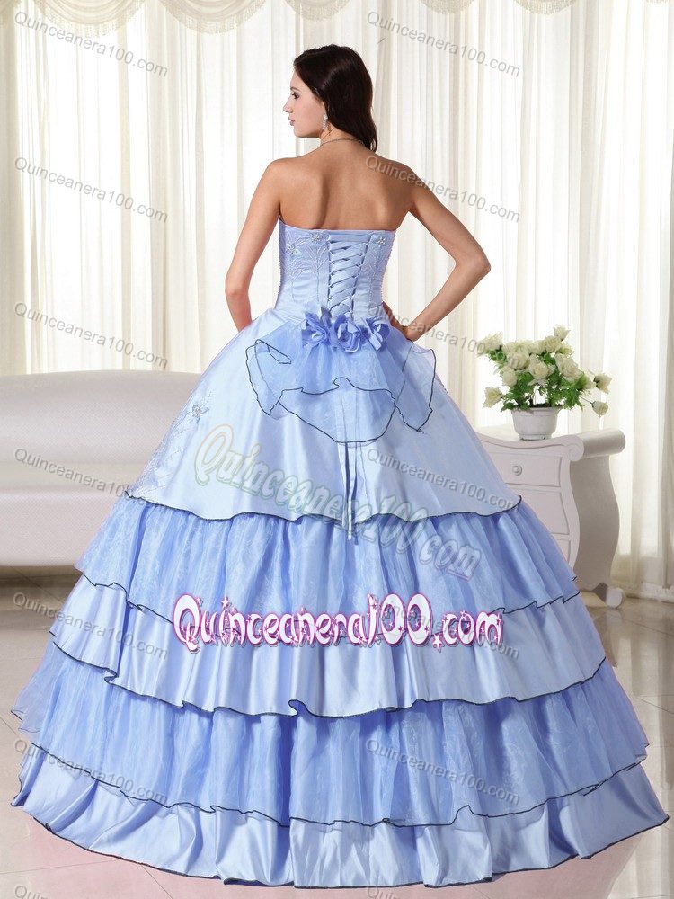 Flowers Ruffled Layers Accent Quinceanera Gown Dress in Light Blue