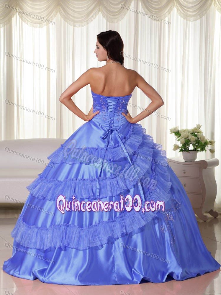 Embroidered Blue Ball Gown Quinces Dresses with Strapless Ruffles