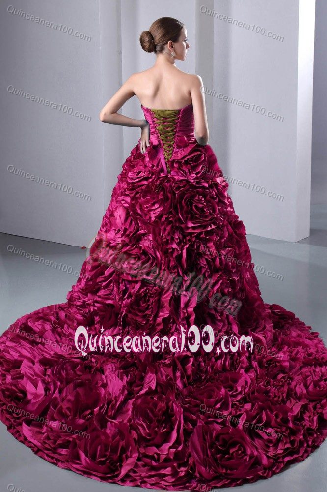 Fuchsia Brush Train Quinceanera Dresses with Ruches Rolling Flowers