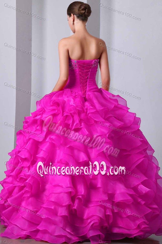 Winter 2014 Paris Fashion Week Fabulous Ruffled Hot Pink Dress for Quince with Rhinestone