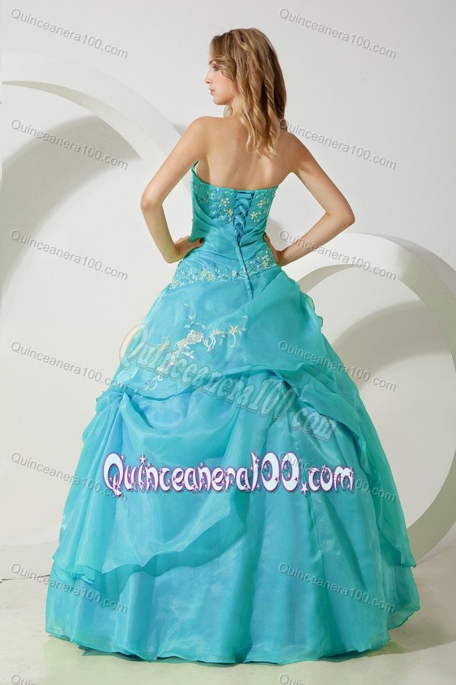 Perfect Organza Turquoise Sweet Sixteen Dress with Embroidery