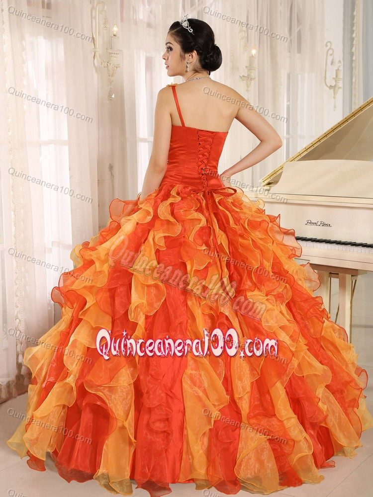 Orange Red One Shoulder Beaded Ruffled Quinceanera Dress