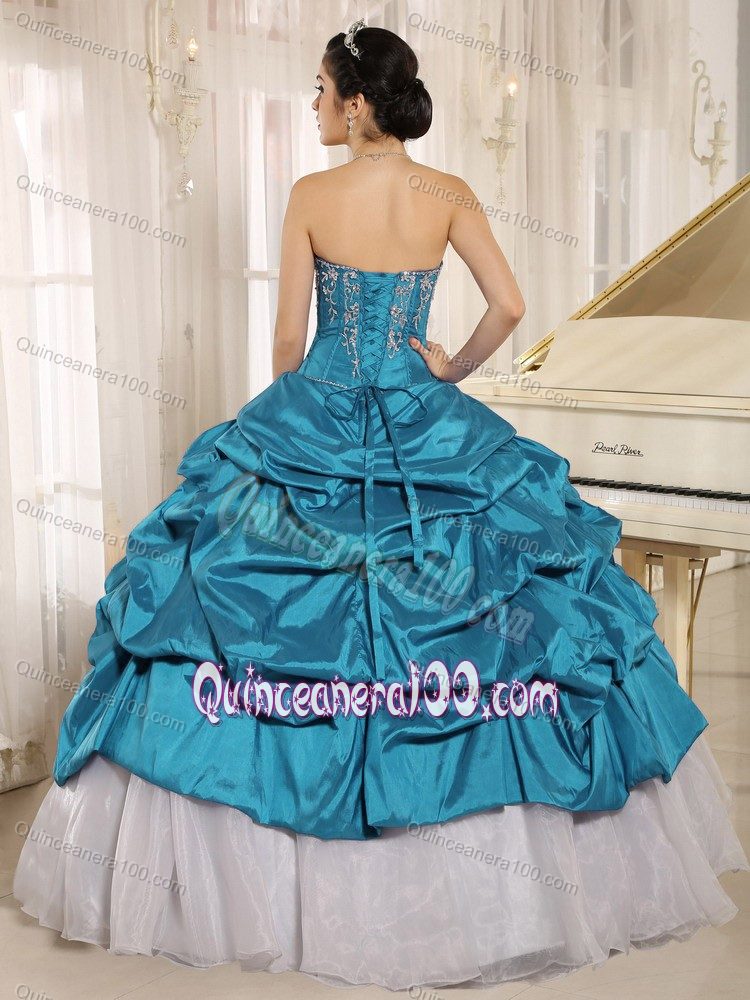 Teal and White Quinceanera Gown with Embroidery and Pick Ups