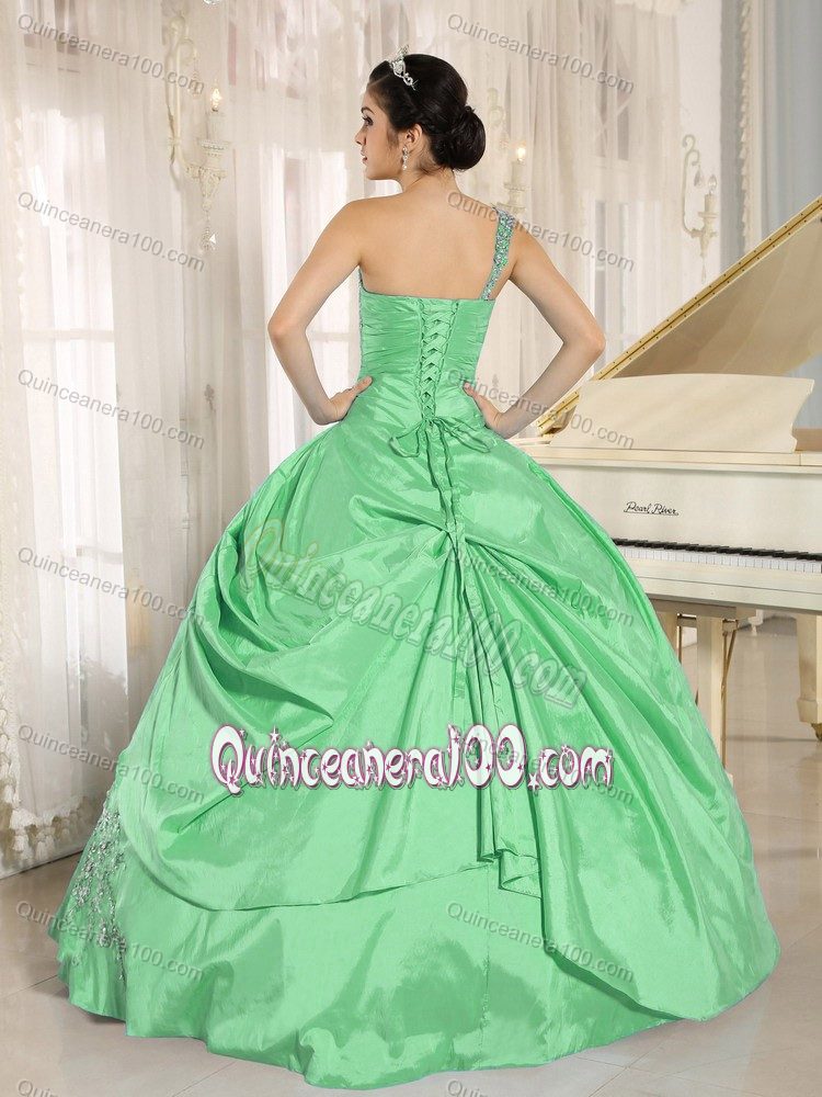 Pale Green One Shoulder Appliqued Ball Gown Quinceanera Dress