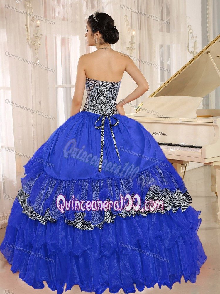 Unique Zebra Print Blue Sweet 16 Dresses with Ruche and Ruffles