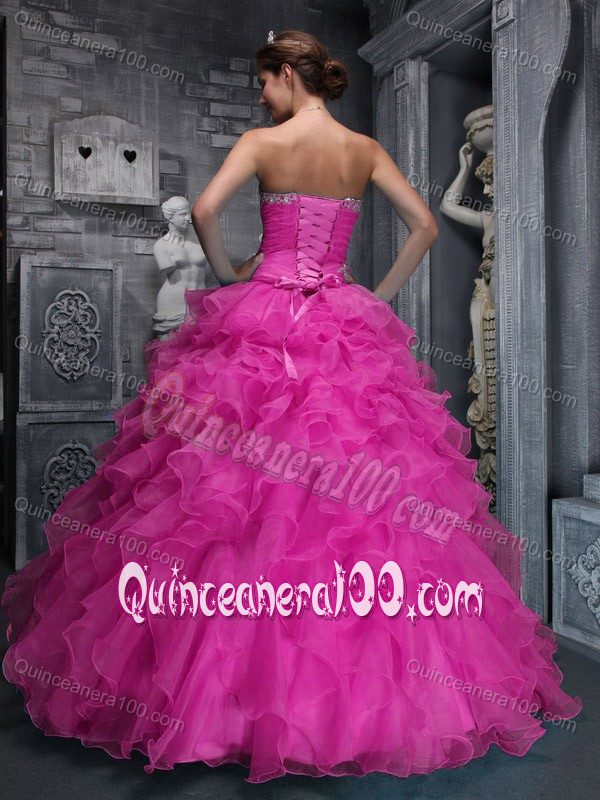 Plus Size Ruffled Appliqued Hot Pink Quinceanera Dresses of 15