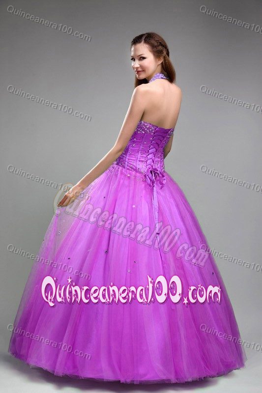 Fast Shipping Corset Halter Beaded Purple Quinceanera Dress