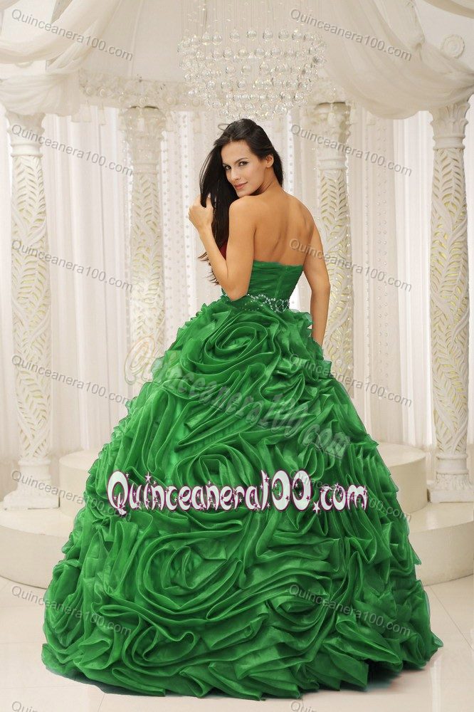 Green Sweetheart Beaded Sweet 16 Dress with Rolling Flowers