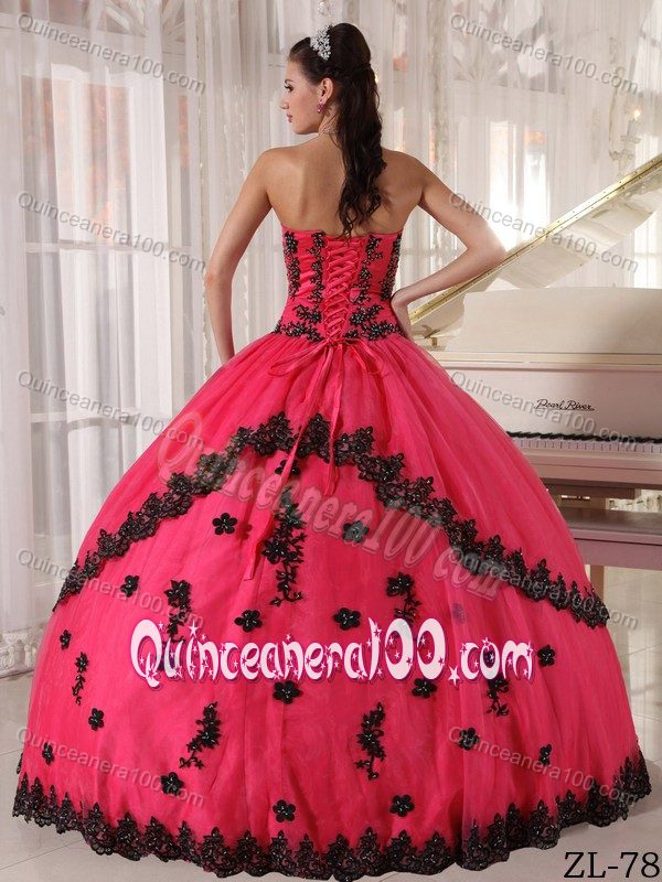 Cheap Deep Pink Ball Gown Sweet 15 Dress with Black Appliques