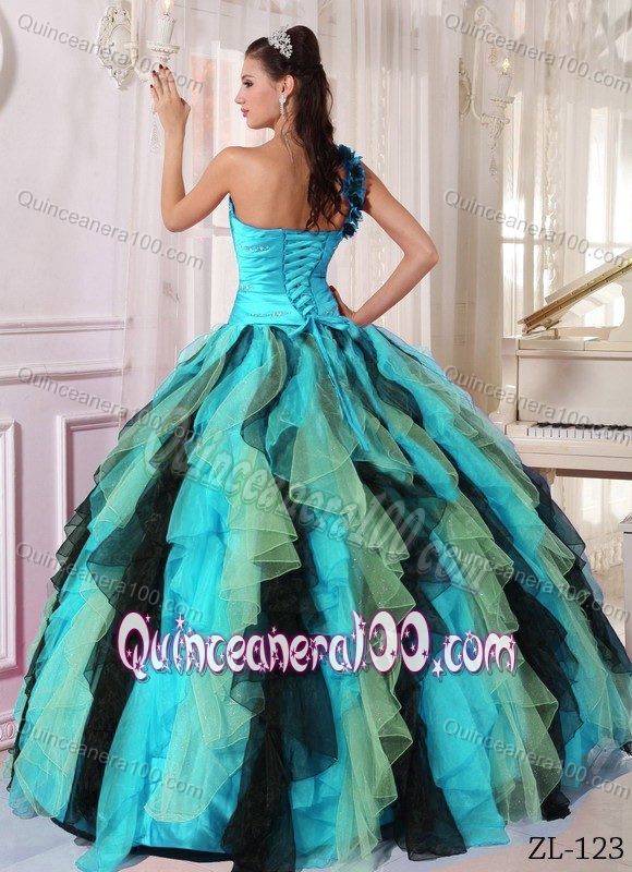 Multi-colored One Shoulder Beaded Dress for Quince with Ruffles