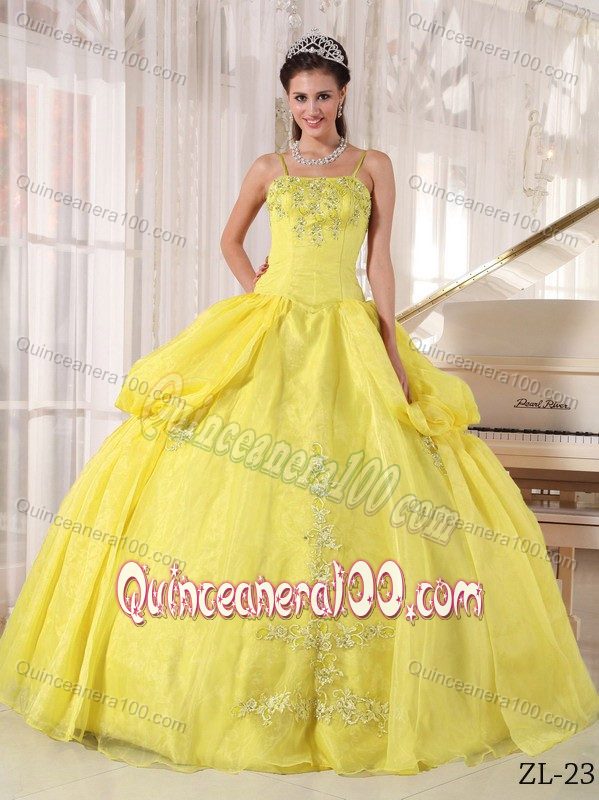 Appliqued Yellow Sweet Sixteen Dresses With Spaghetti Straps Quinceanera 100 