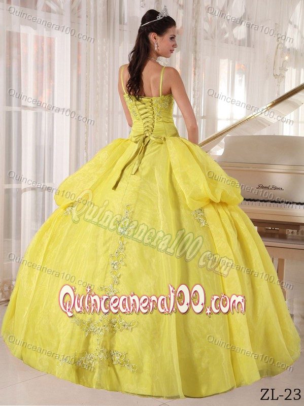 Appliqued Yellow Sweet Sixteen Dresses with Spaghetti Straps